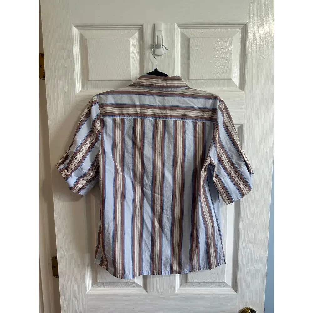 Tory Burch Cotton Poplin Striped Short Sleeve Blouse Shirt Collared V Neck Sz 4